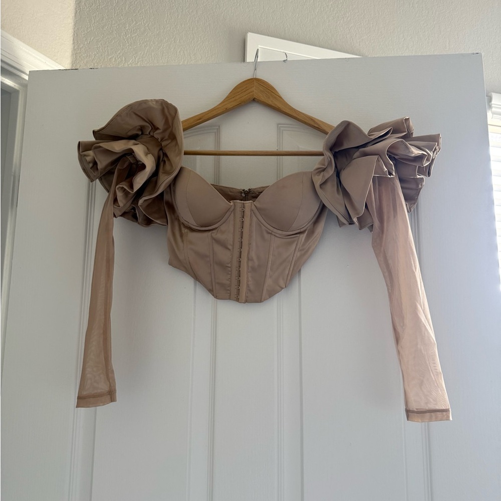 Oh Polly Tan Ruffled Off-Shoulder Blouse